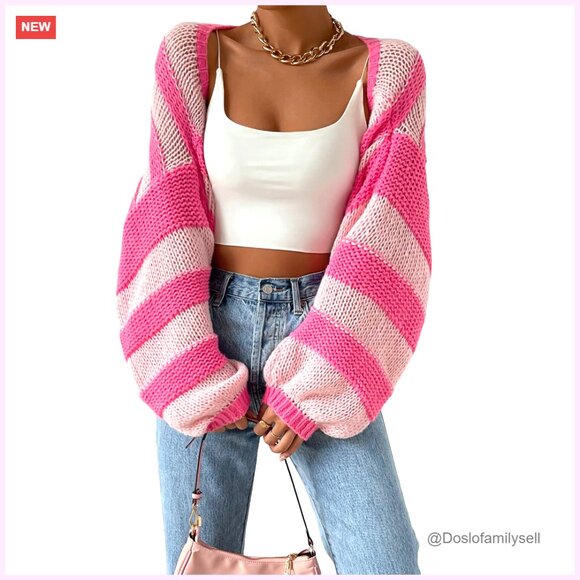 Sweaters - Cropped Cable Knit Cardigan, Striped Color Block, Oversized Fit, Holiday Party